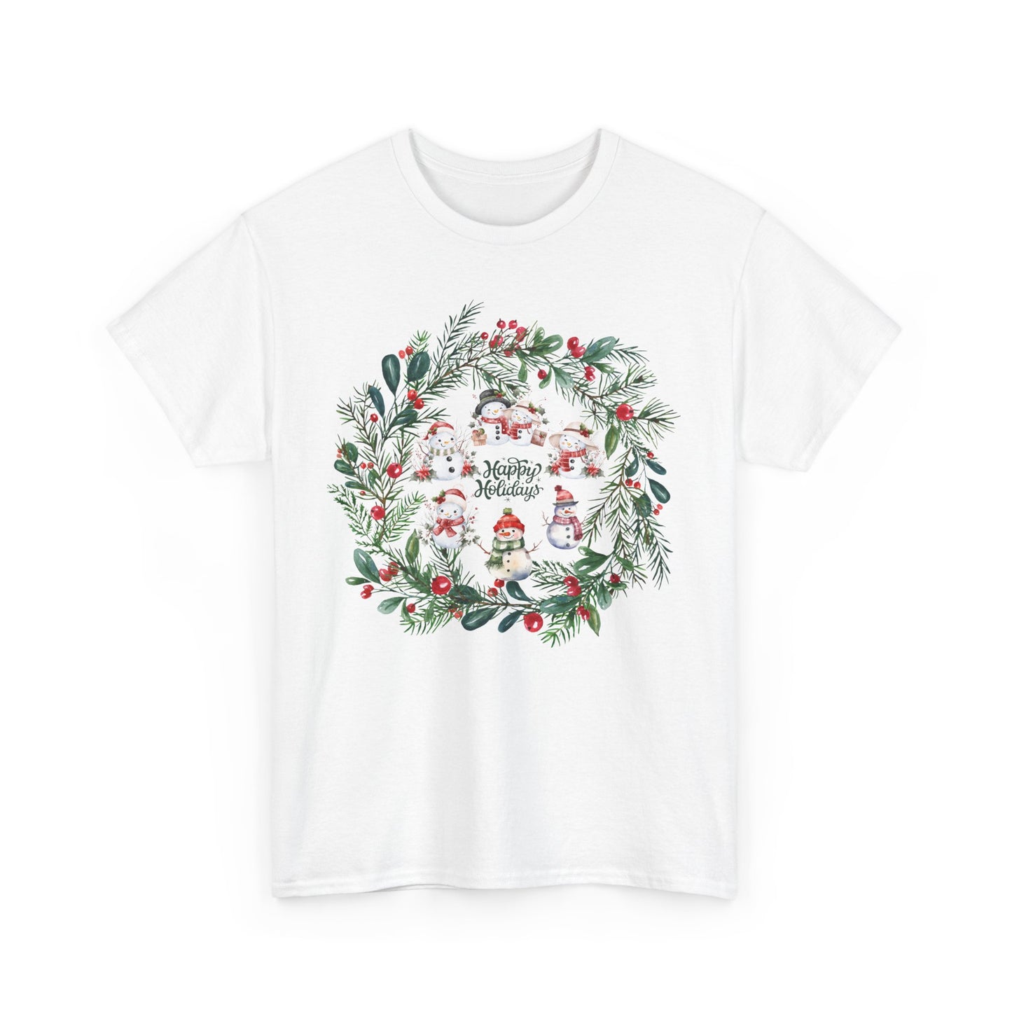 "Holiday Snowman Wreath" - Unisex Heavy Cotton Tee