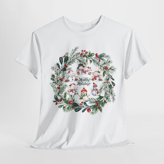 "Holiday Snowman Wreath" - Unisex Heavy Cotton Tee