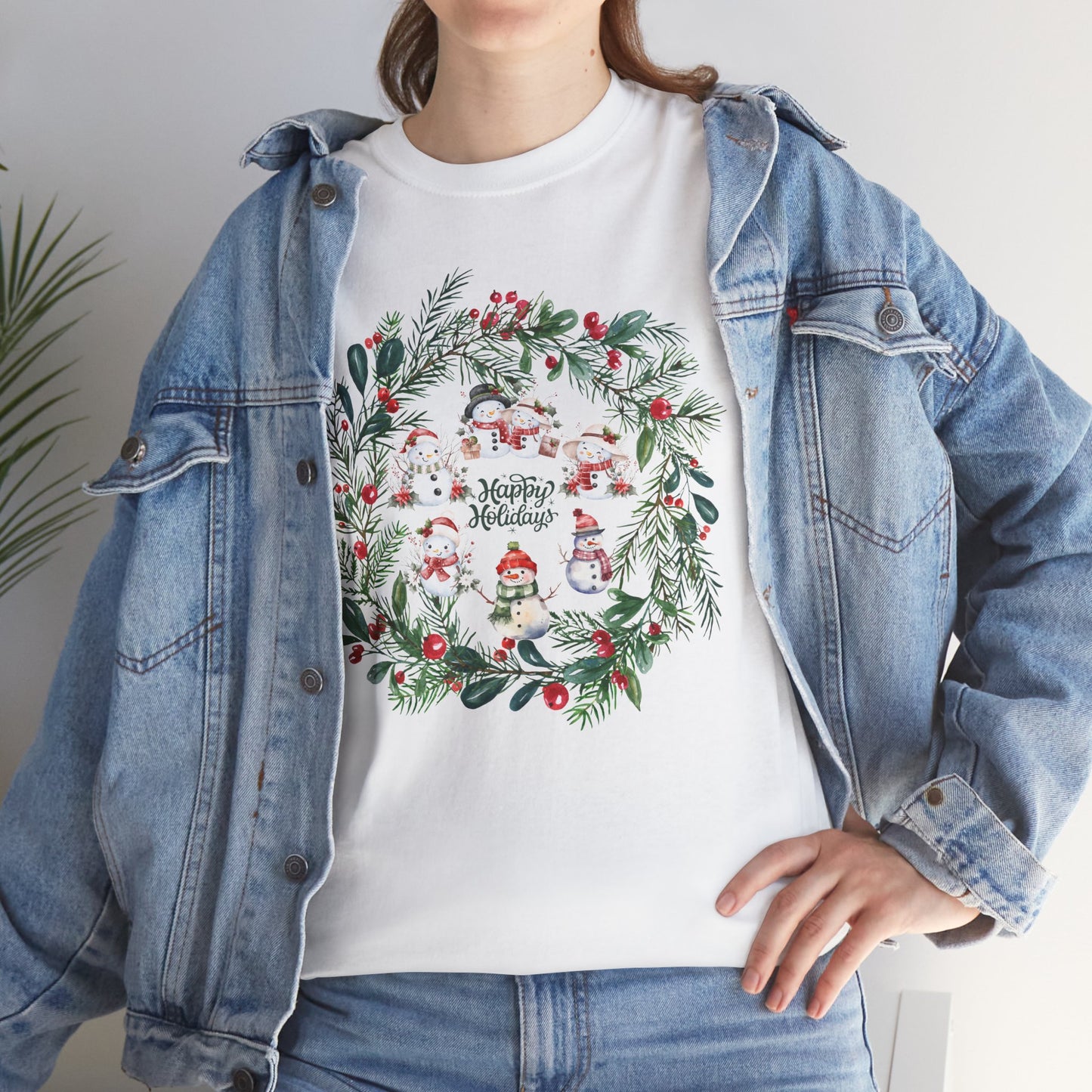 "Holiday Snowman Wreath" - Unisex Heavy Cotton Tee