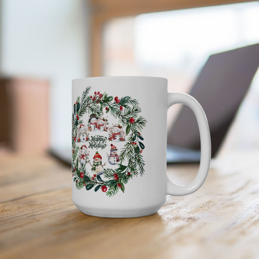 "Holiday Snowmen Wreath" Ceramic Mug, (11oz, 15oz)